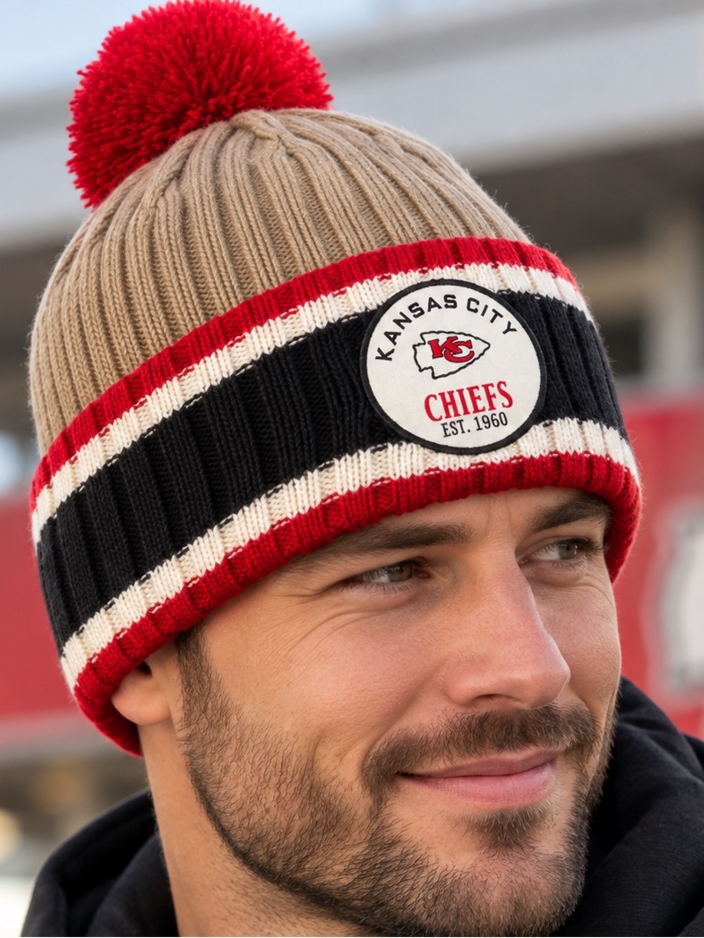 Kansas City Chiefs NFL Team Apparel Knit Pom Beanie Tan Red Black Unisex